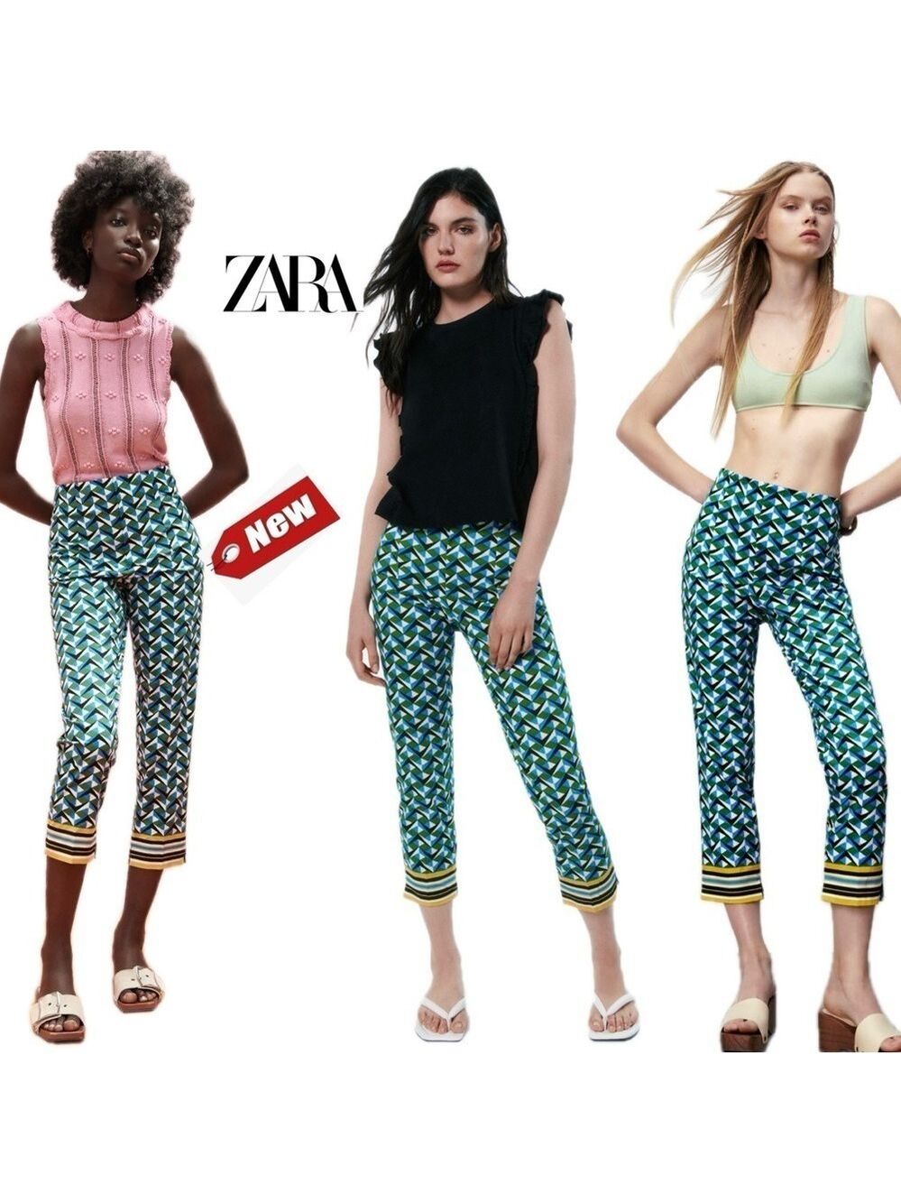 Zara blue green printed cropped slim fit ankle pants Sz 8 NW